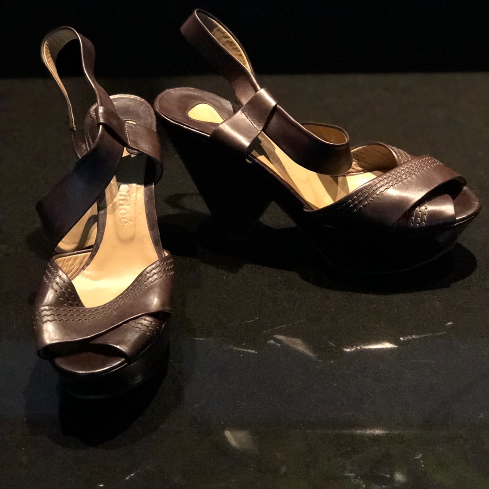 Chloé Brown Leather Platform Wedge Sandals 38.5 Made Italy Designer Heels - Picture 4 of 9